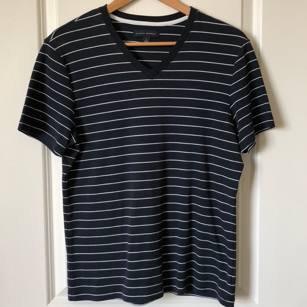 Banana Republic Navy/White Striped Knitted V-neck